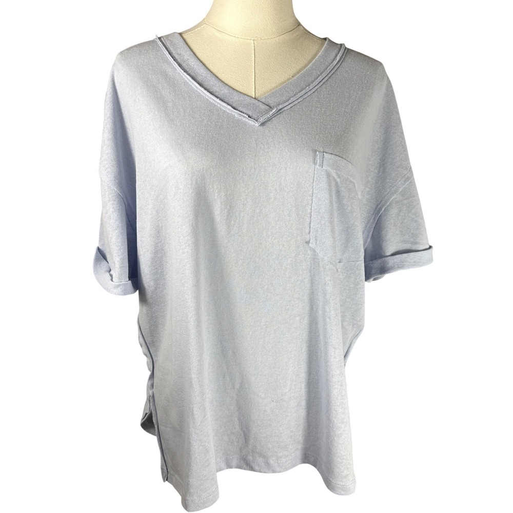 Wishlist Womens V-Neck Pocket T-Shirt Glimmer Blue Oversized Tee WL23-8340 S